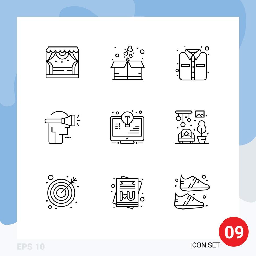 Pack of 9 Modern Outlines Signs and Symbols for Web Print Media such as light bulb office virtual reality human Editable Vector Design Elements