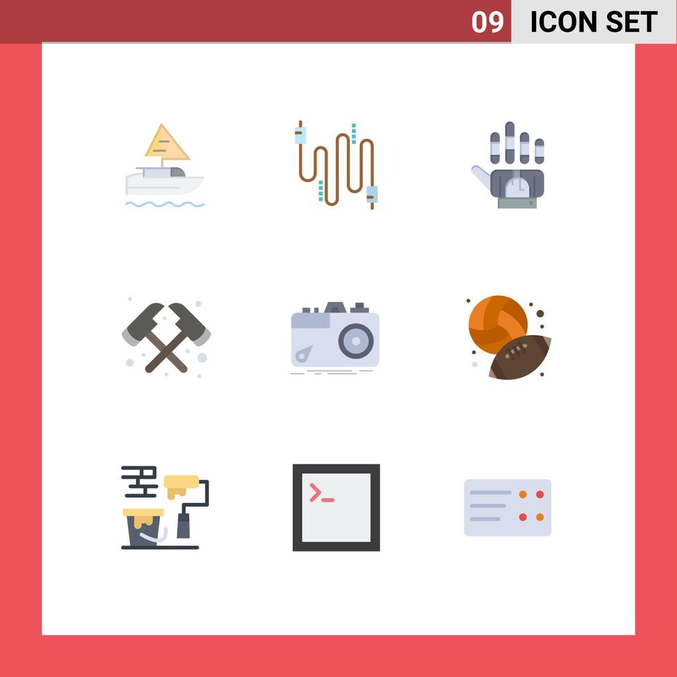 Set of 9 Commercial Flat Colors pack for capture camera tracking firefighter axe Editable Vector Design Elements
