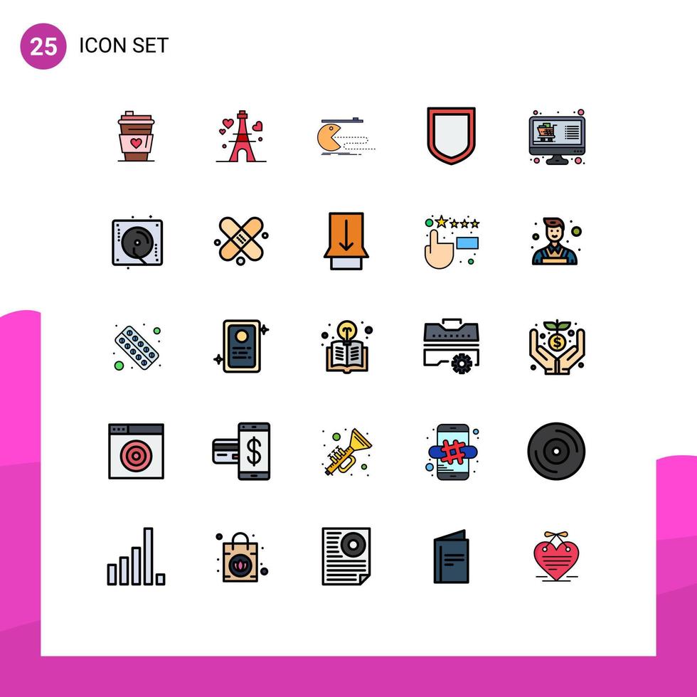 Mobile Interface Filled line Flat Color Set of 25 Pictograms of online shield character security pacman Editable Vector Design Elements