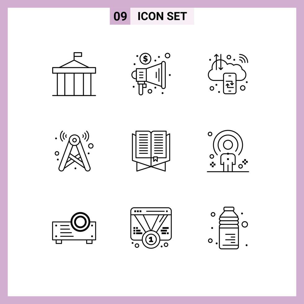 Group of 9 Modern Outlines Set for network signal trade tower c digital Editable Vector Design Elements