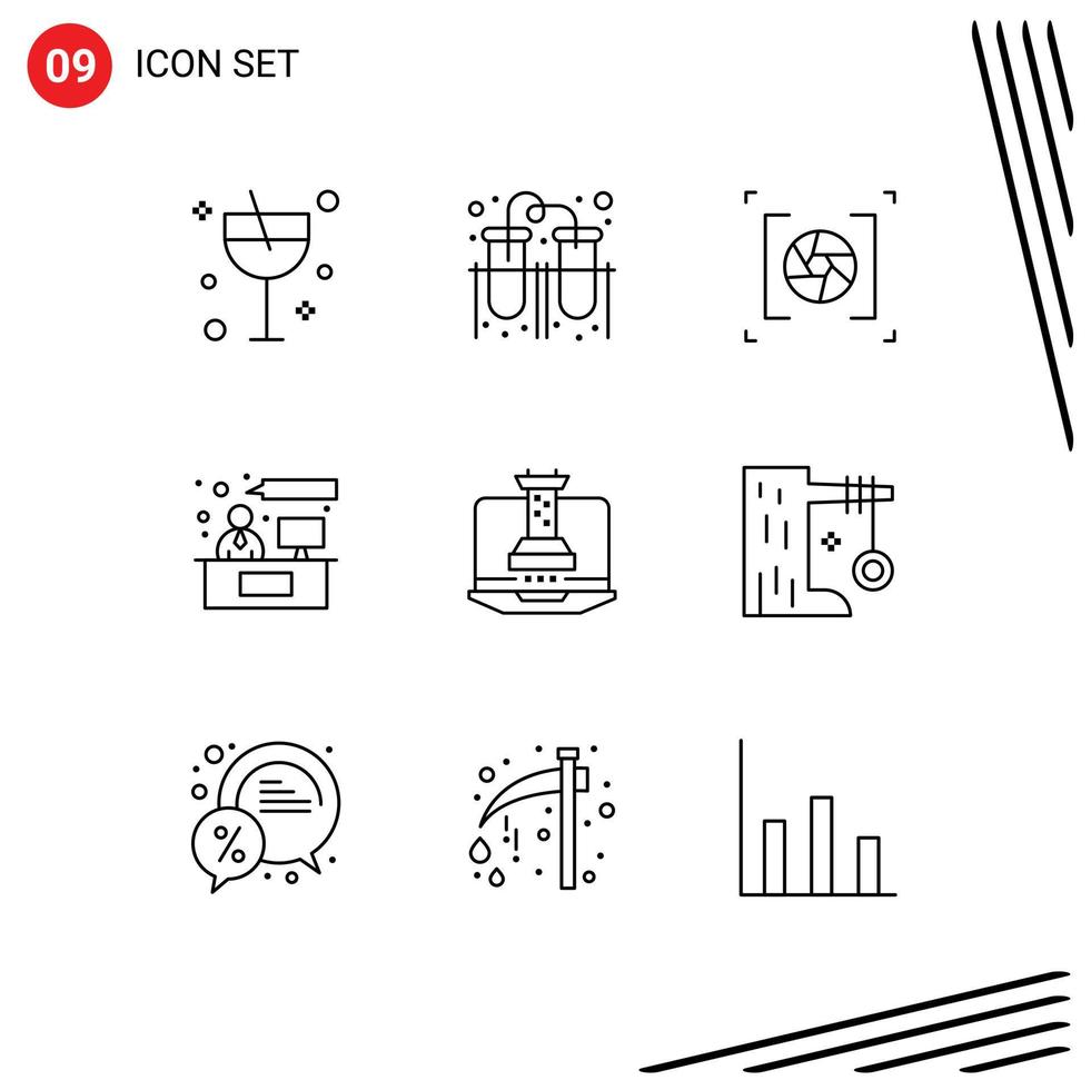 Group of 9 Modern Outlines Set for strategy working camera discussion chat Editable Vector Design Elements