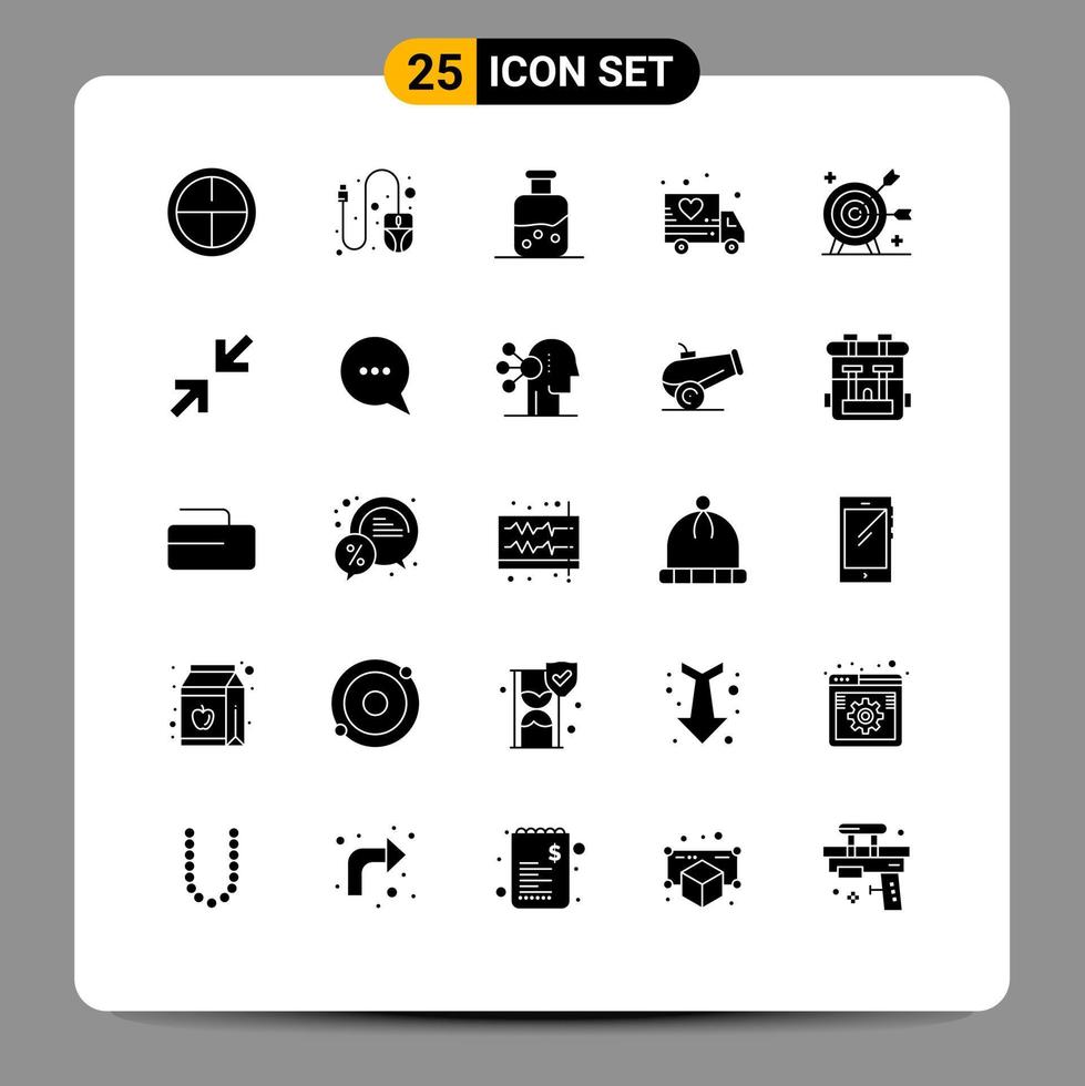 Set of 25 Vector Solid Glyphs on Grid for objective goal science arrow transport Editable Vector Design Elements