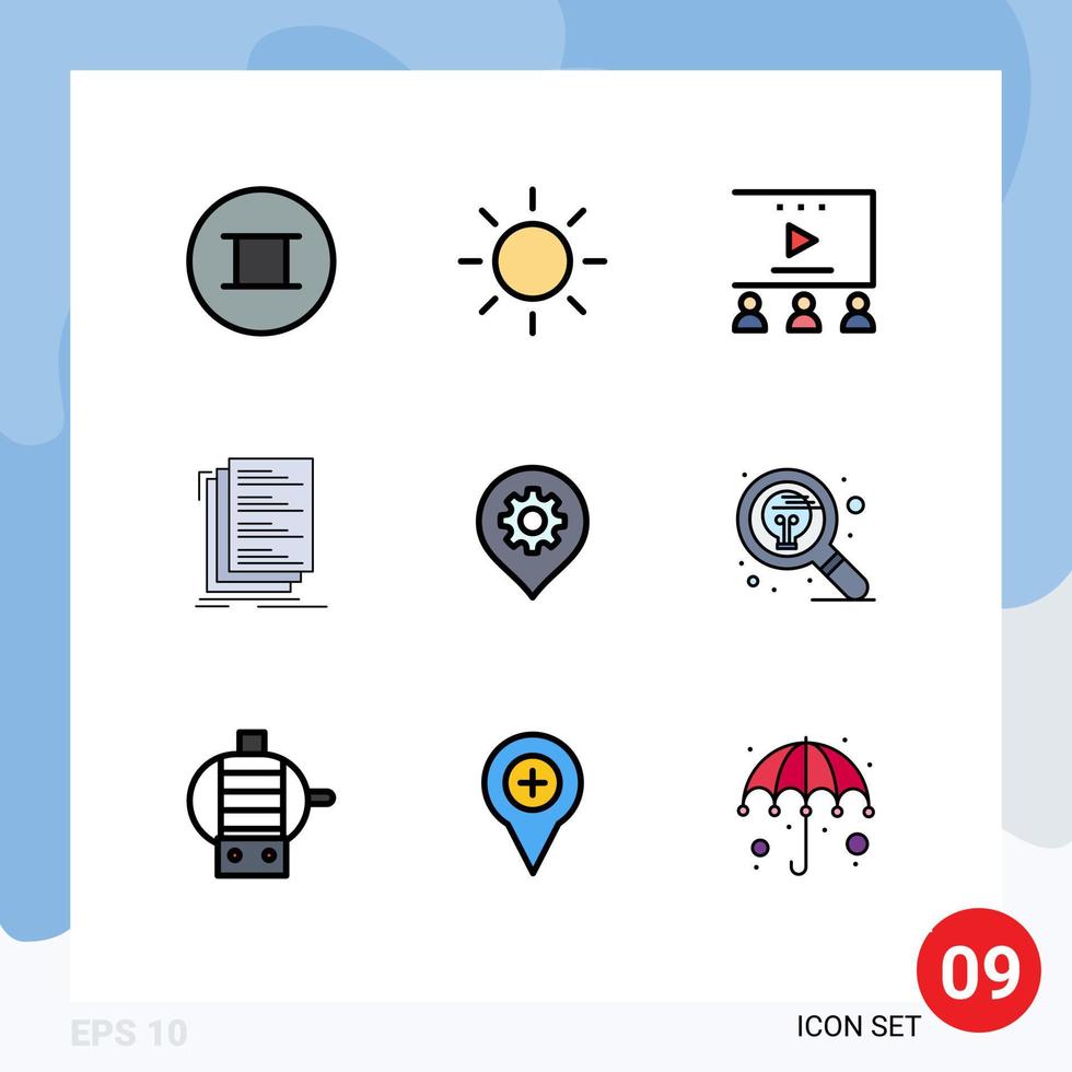 Pictogram Set of 9 Simple Filledline Flat Colors of map setting video tutorials gear files Editable Vector Design Elements