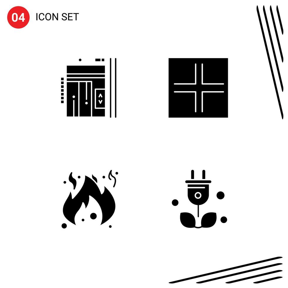 4 Universal Solid Glyphs Set for Web and Mobile Applications elevator danger up screen flame Editable Vector Design Elements