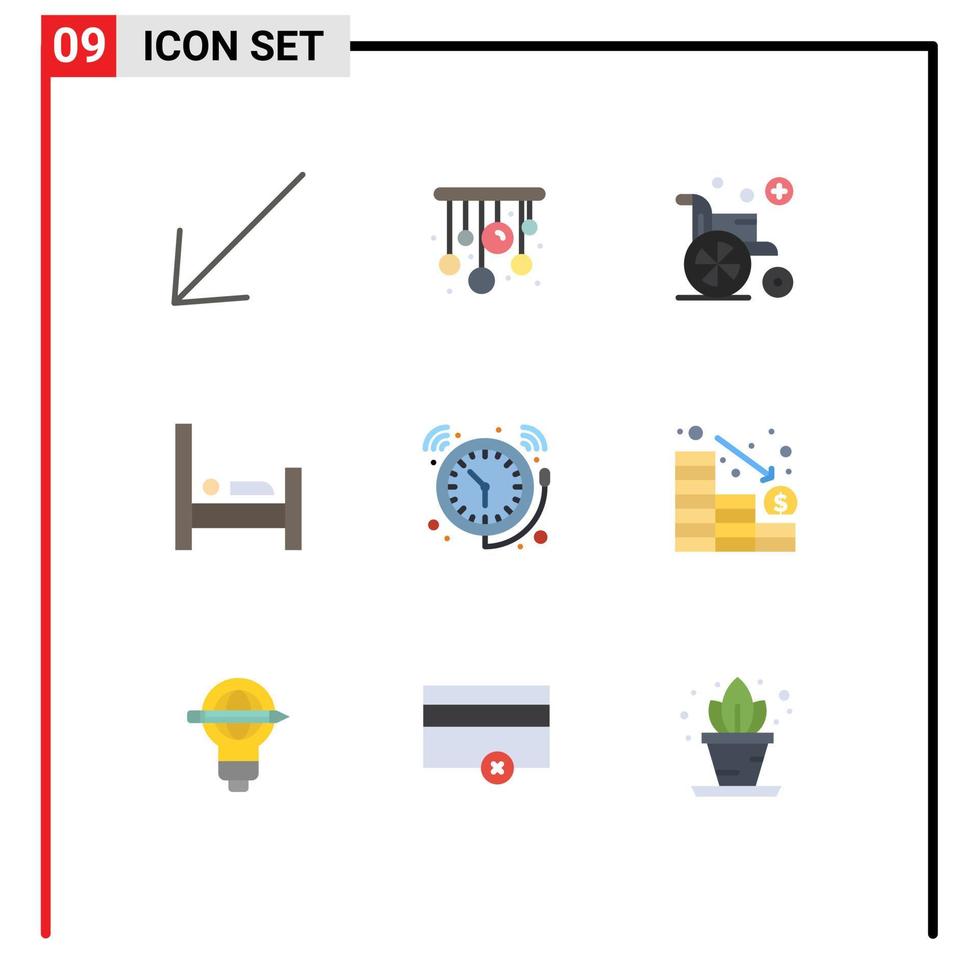 9 Thematic Vector Flat Colors and Editable Symbols of watch clock wheel chair bell sleep Editable Vector Design Elements