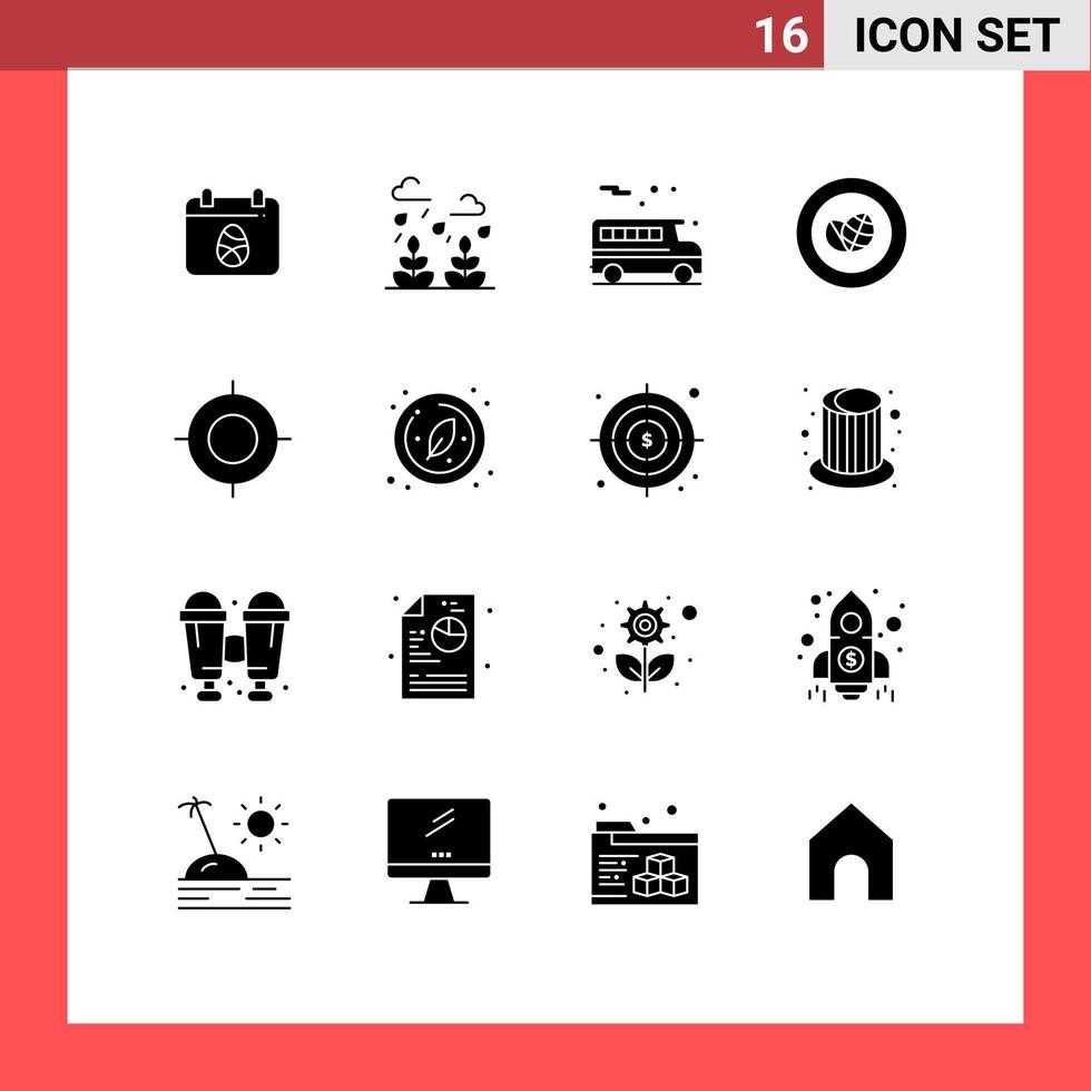 paquete de 16 signos y símbolos de glifos sólidos modernos para medios de impresión web, como elementos de diseño de vectores editables ecológicos de corona de autobús de vacaciones de destino