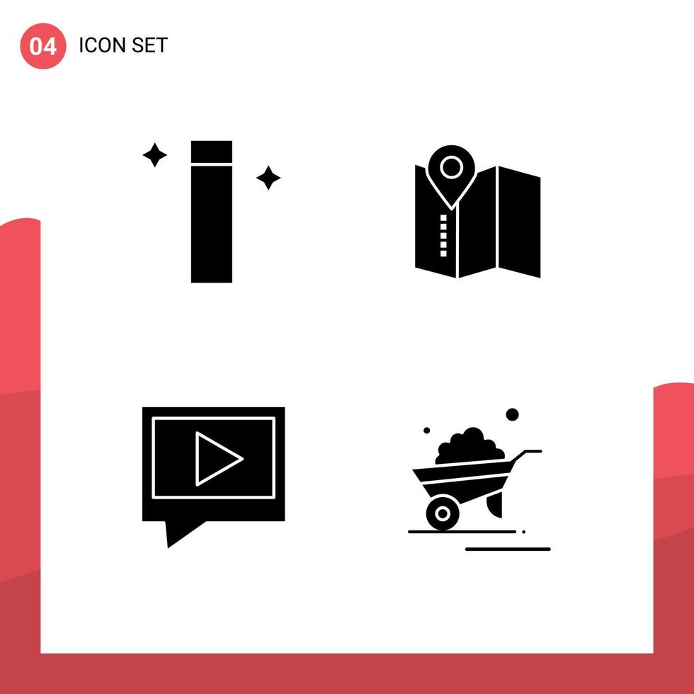 Pack of 4 Modern Solid Glyphs Signs and Symbols for Web Print Media such as magic barrow location video trolley Editable Vector Design Elements