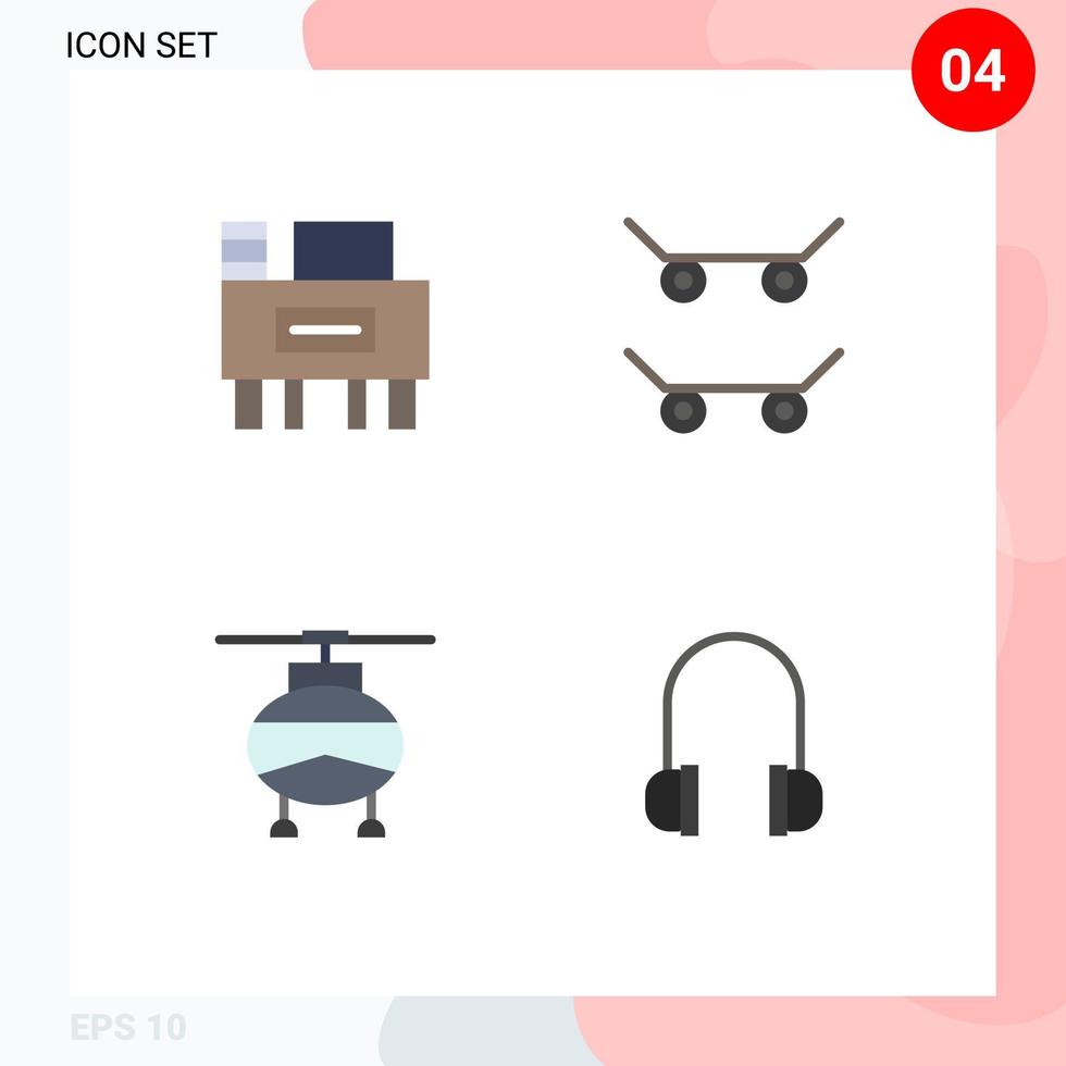 4 User Interface Flat Icon Pack of modern Signs and Symbols of desk headphones skateboard transport support Editable Vector Design Elements