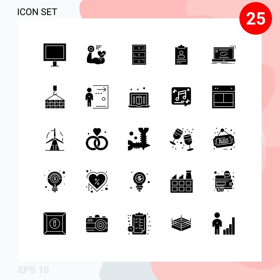 User Interface Pack of 25 Basic Solid Glyphs of communication curriculum safe clipboard resume Editable Vector Design Elements