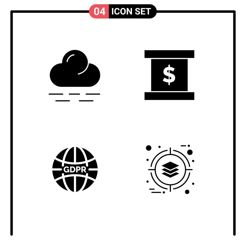 4 Thematic Vector Solid Glyphs and Editable Symbols of cloud network business gdpr deployment Editable Vector Design Elements