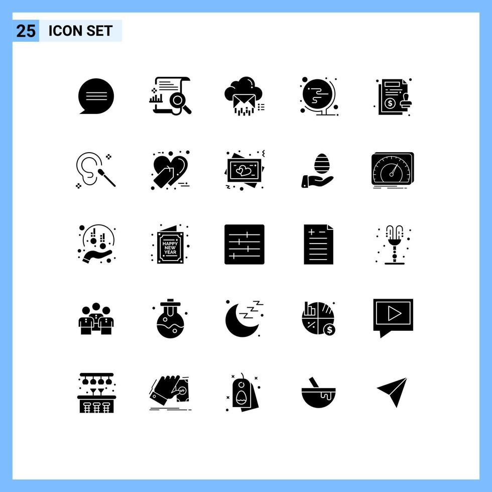 25 User Interface Solid Glyph Pack of modern Signs and Symbols of agreement globe cloud world message Editable Vector Design Elements