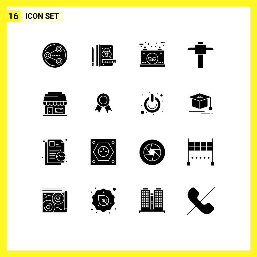 16 Solid Glyph concept for Websites Mobile and Apps badge store eco shop miner Editable Vector Design Elements