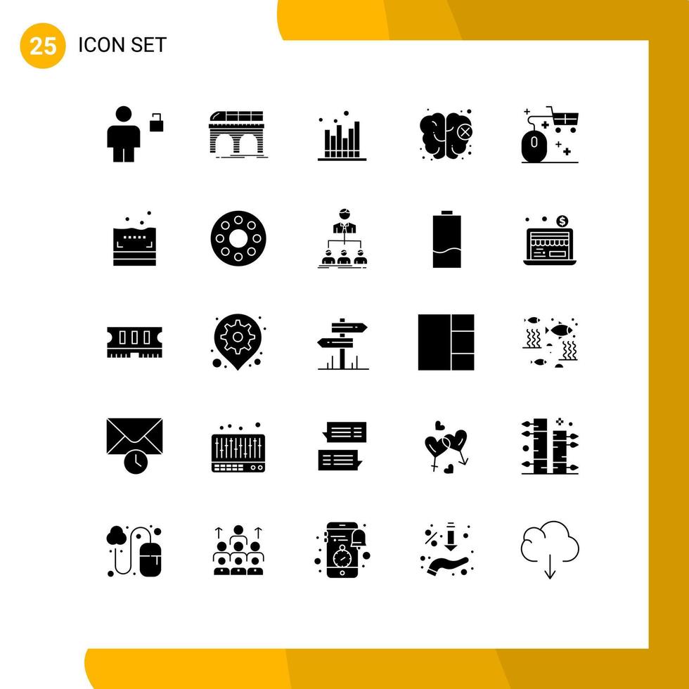 Pack of 25 creative Solid Glyphs of mind brain train modern forecast Editable Vector Design Elements