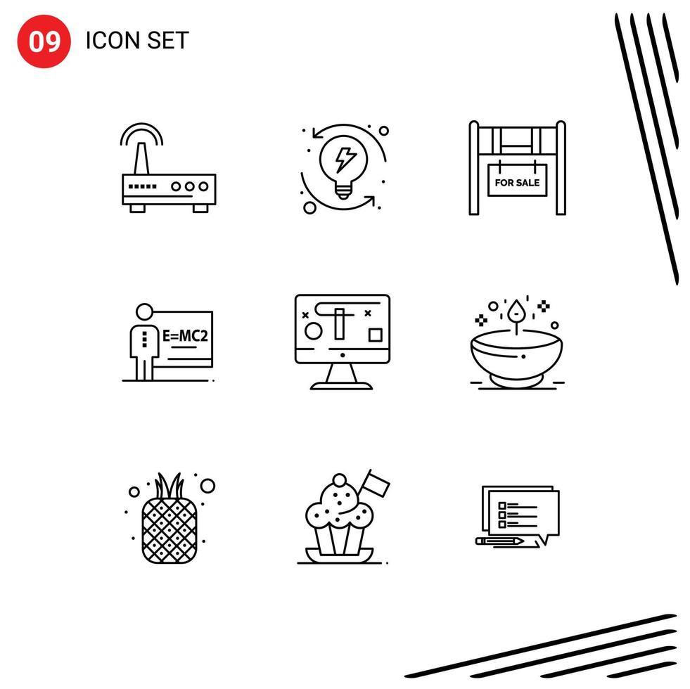 Pack of 9 Modern Outlines Signs and Symbols for Web Print Media such as design room building teacher classroom Editable Vector Design Elements