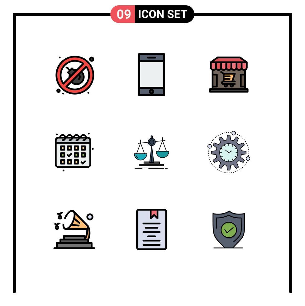 9 Thematic Vector Filledline Flat Colors and Editable Symbols of efficiency loss shopping law date Editable Vector Design Elements