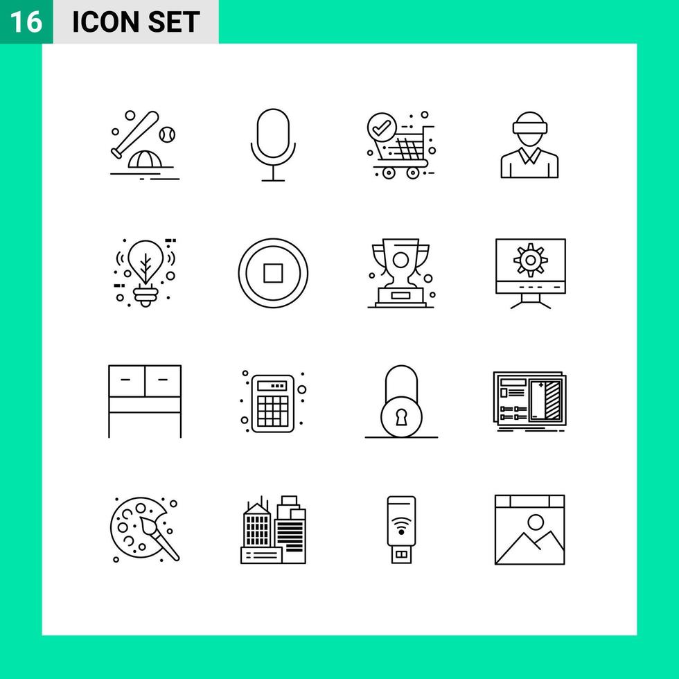 Modern Set of 16 Outlines Pictograph of bulb technology check reality glasses Editable Vector Design Elements