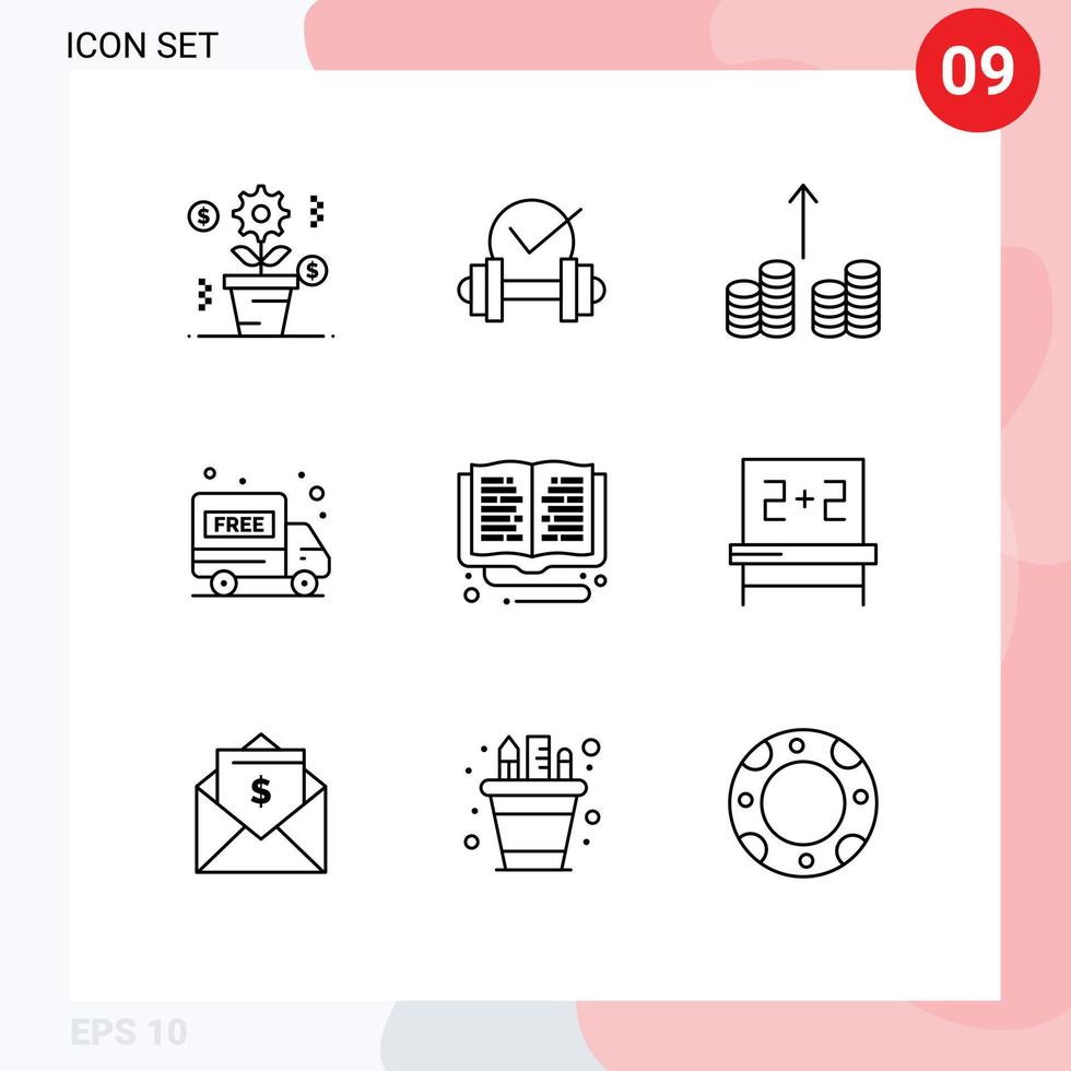 Mobile Interface Outline Set of 9 Pictograms of online learning library cash education delivery van Editable Vector Design Elements