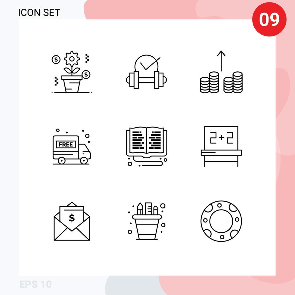 esquema de interfaz móvil conjunto de 9 pictogramas de biblioteca de aprendizaje en línea entrega de educación en efectivo van elementos de diseño vectorial editables vector