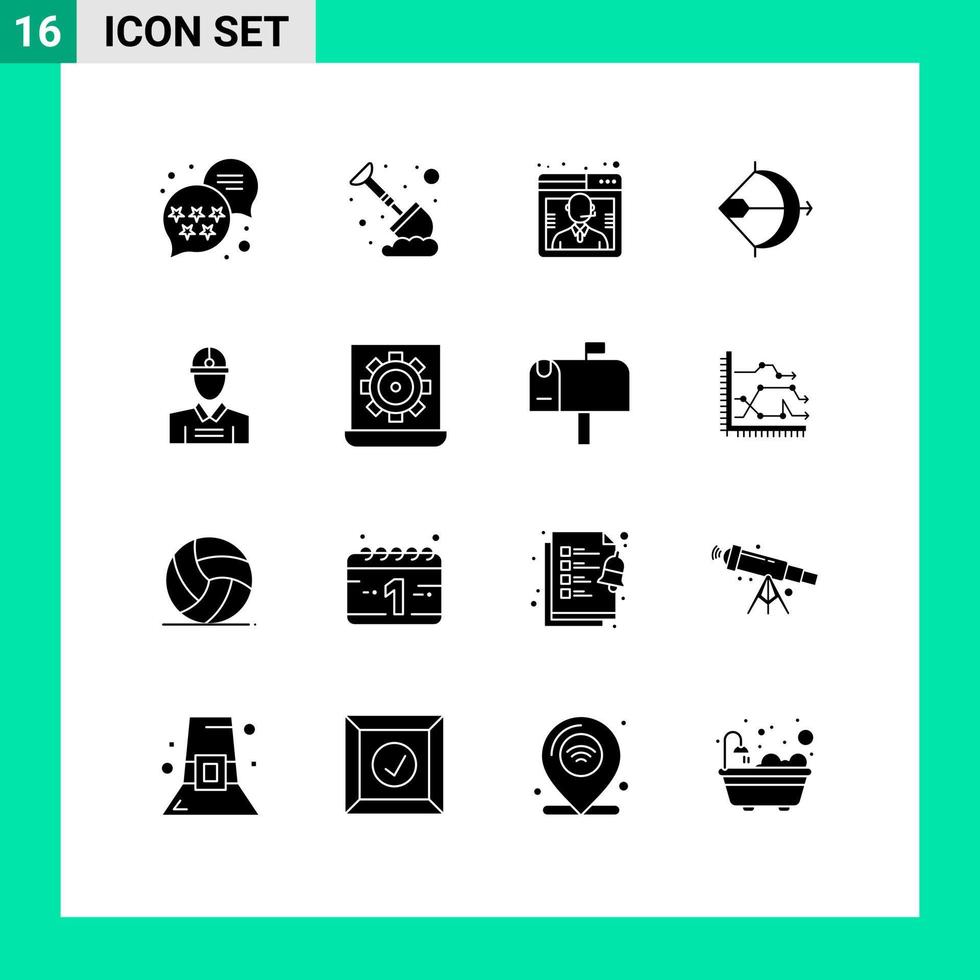 Solid Glyph Pack of 16 Universal Symbols of engineer shoot customer bow archery Editable Vector Design Elements