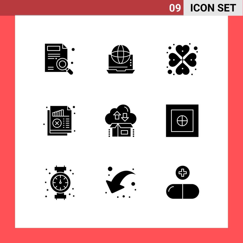 Pack of 9 Modern Solid Glyphs Signs and Symbols for Web Print Media such as monitoring analysis network document rose Editable Vector Design Elements