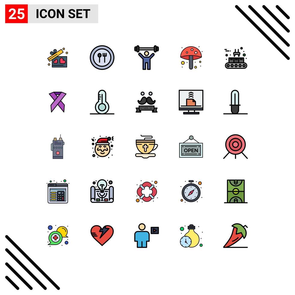25 Thematic Vector Filled line Flat Colors and Editable Symbols of conveyor belt summer fitness mushroom amanita Editable Vector Design Elements