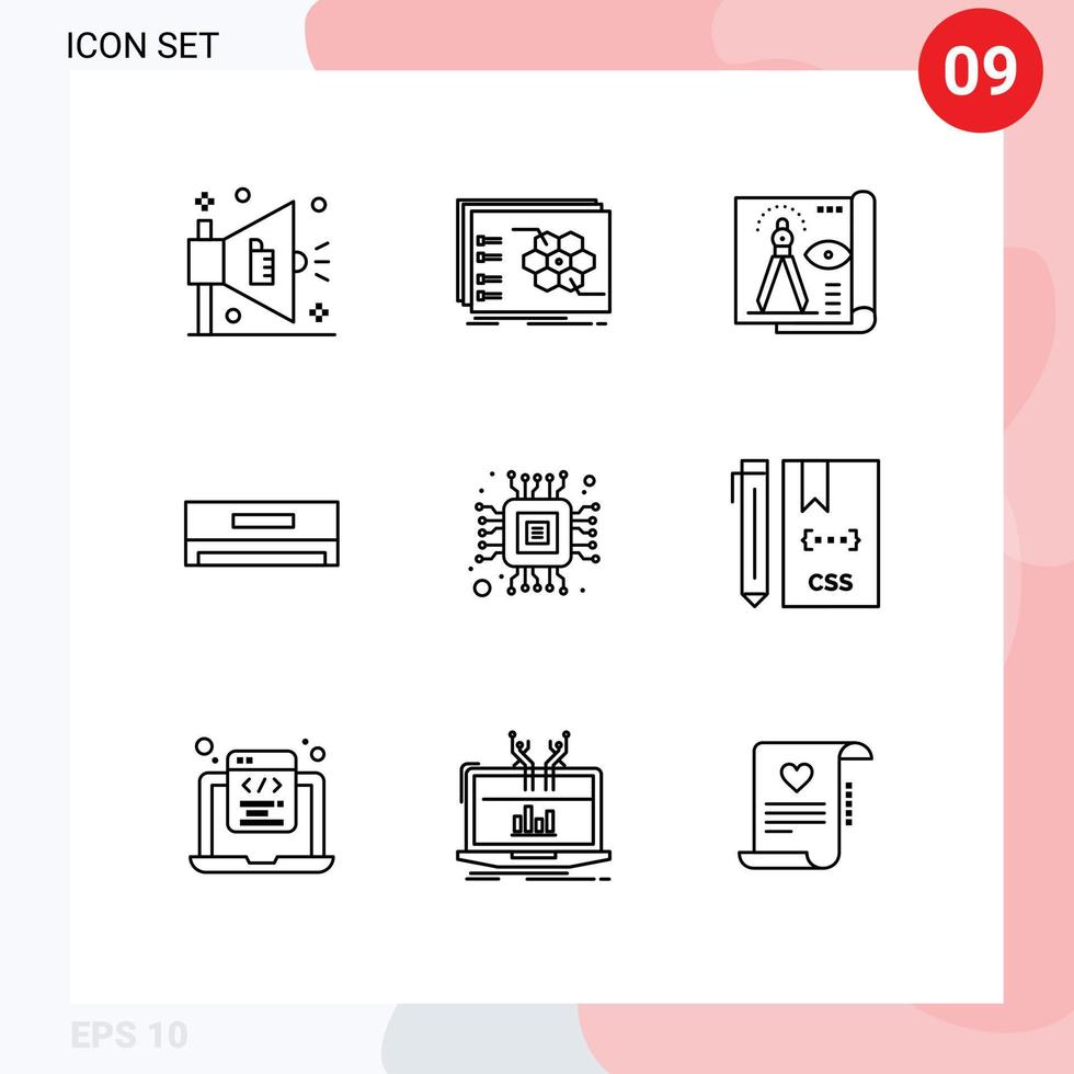 Group of 9 Modern Outlines Set for chip electric design cooling blue print Editable Vector Design Elements
