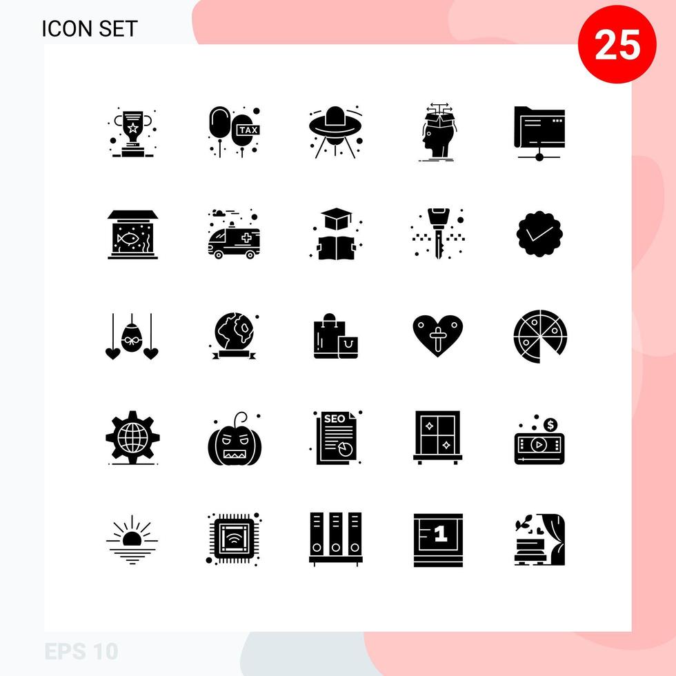 25 User Interface Solid Glyph Pack of modern Signs and Symbols of sharing head rate extraction ufo Editable Vector Design Elements