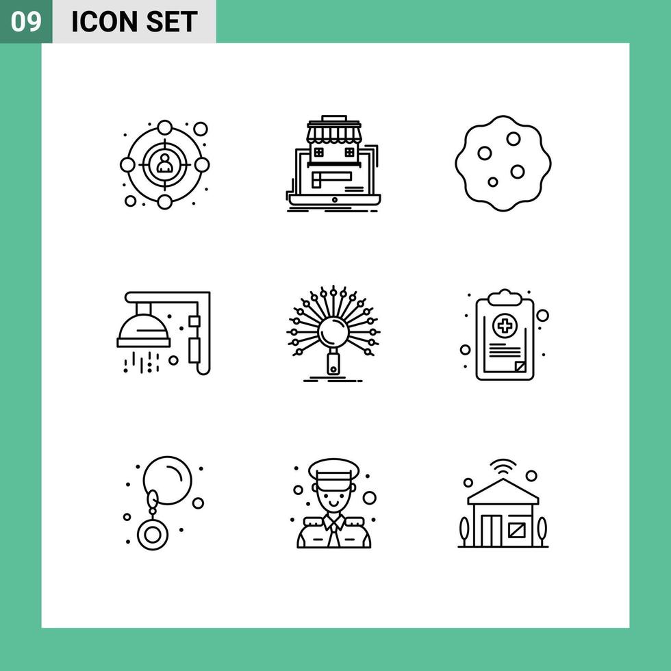 conjunto de 9 iconos de interfaz de usuario modernos símbolos signos para información deporte bacteria ducha fitness elementos de diseño vectorial editables vector