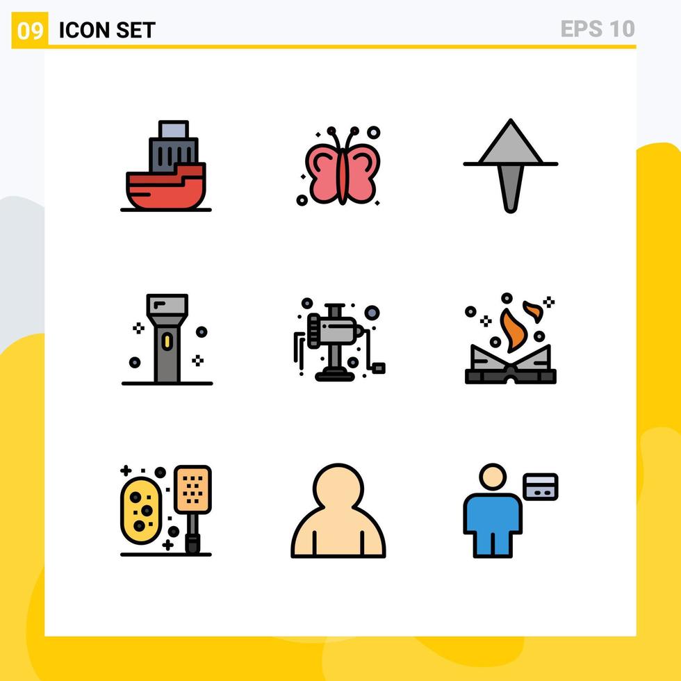 9 User Interface Filledline Flat Color Pack of modern Signs and Symbols of grinder products farming flashlight devices Editable Vector Design Elements