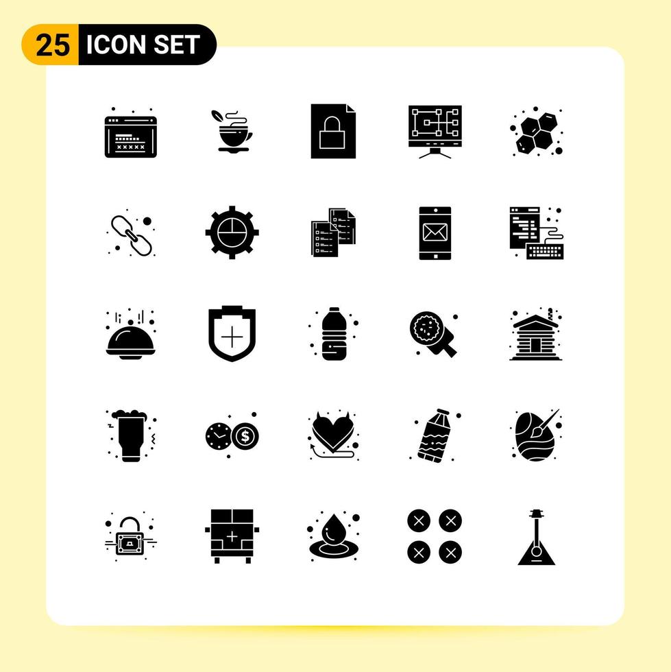 25 User Interface Solid Glyph Pack of modern Signs and Symbols of science atom coffee repair computer Editable Vector Design Elements