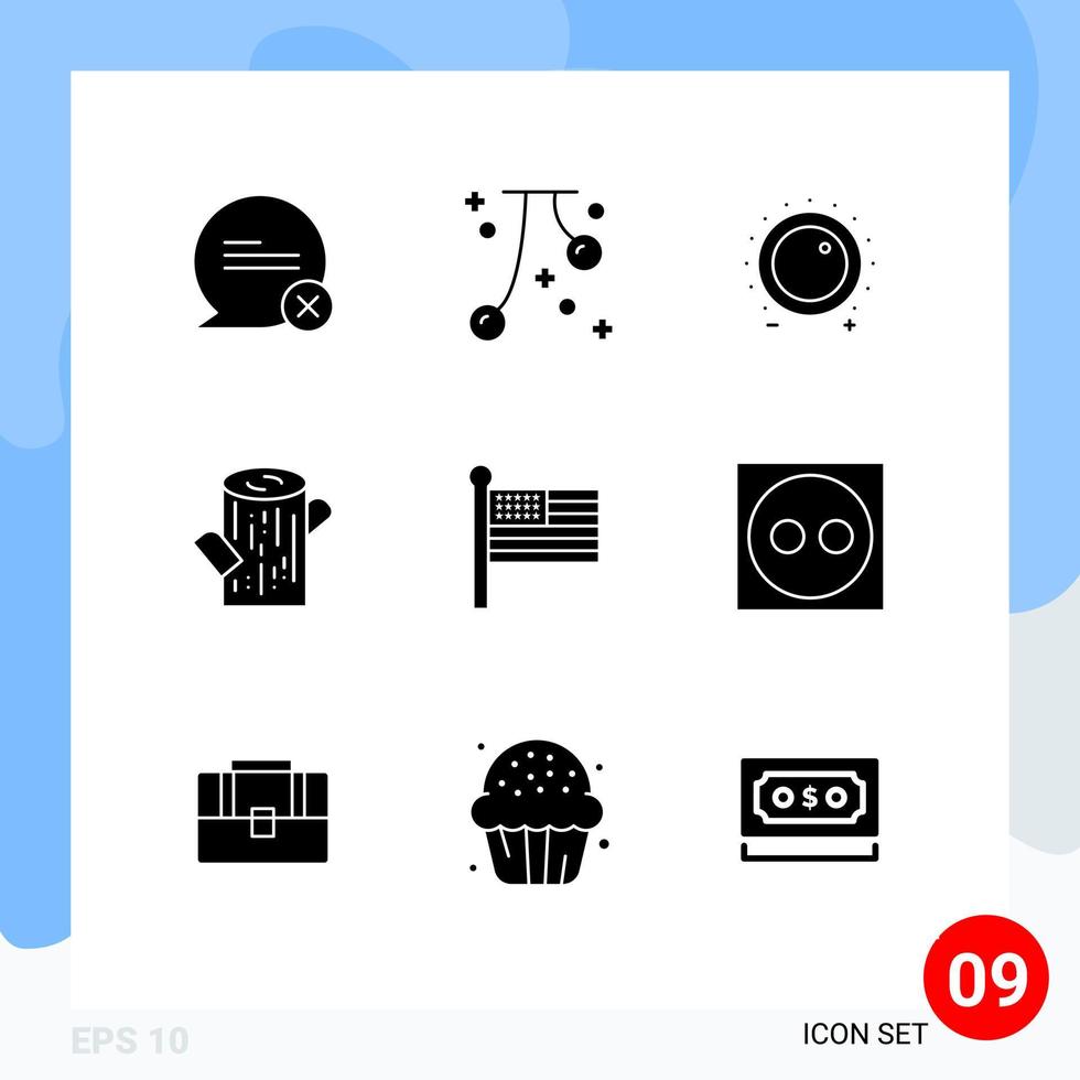 Set of 9 Vector Solid Glyphs on Grid for flag timber festival log level Editable Vector Design Elements