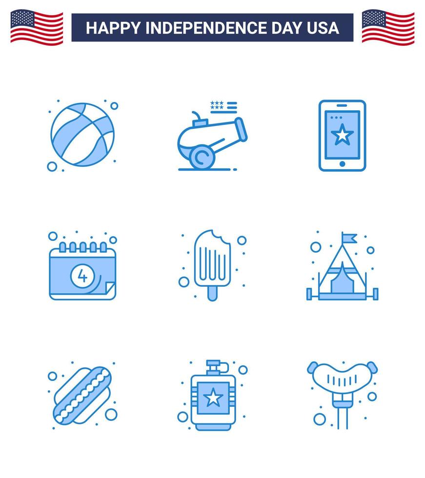 conjunto de 9 iconos del día de los ee.uu. símbolos americanos signos del día de la independencia para el día de la crema fecha móvil elementos de diseño del vector del día de los ee.uu. editables americanos
