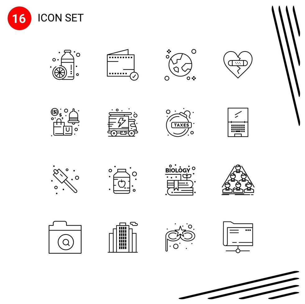 Modern Set of 16 Outlines and symbols such as heart emotions wallet broken globe Editable Vector Design Elements