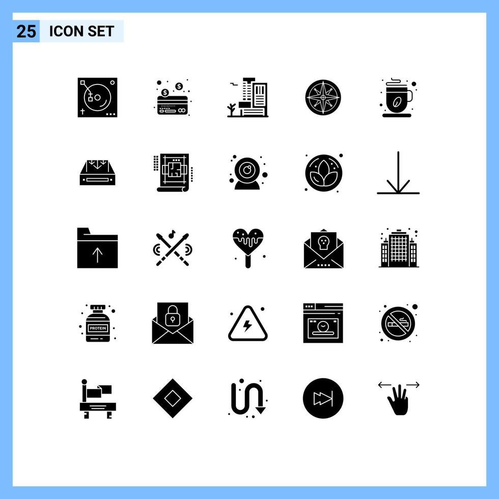 Set of 25 Commercial Solid Glyphs pack for hot position building navigator location Editable Vector Design Elements