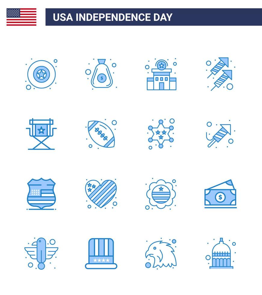 Group of 16 Blues Set for Independence day of United States of America such as movies chair police shoot fire Editable USA Day Vector Design Elements