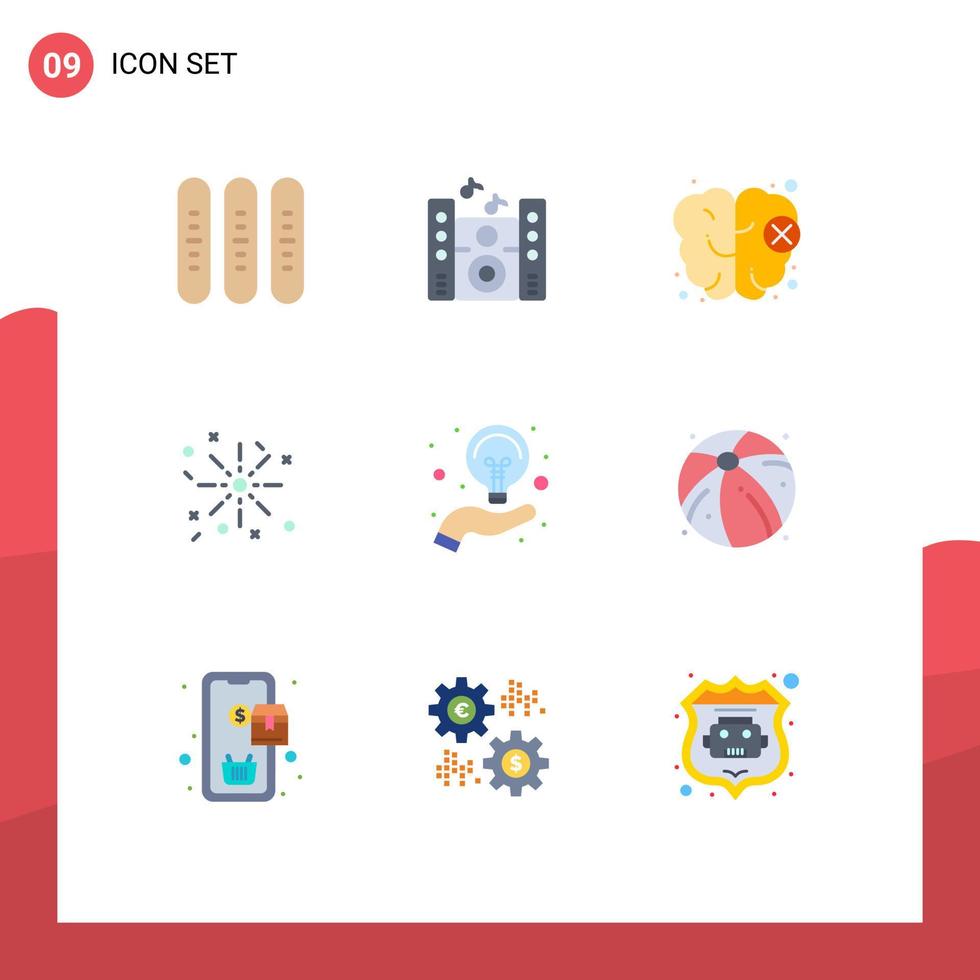 Flat Color Pack of 9 Universal Symbols of idea creative brain bulb holiday Editable Vector Design Elements