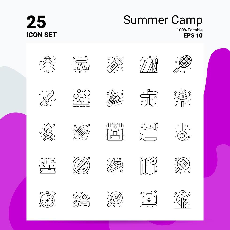 25 conjunto de iconos de campamento de verano 100 archivos eps 10 editables concepto de logotipo de empresa ideas diseño de icono de línea vector