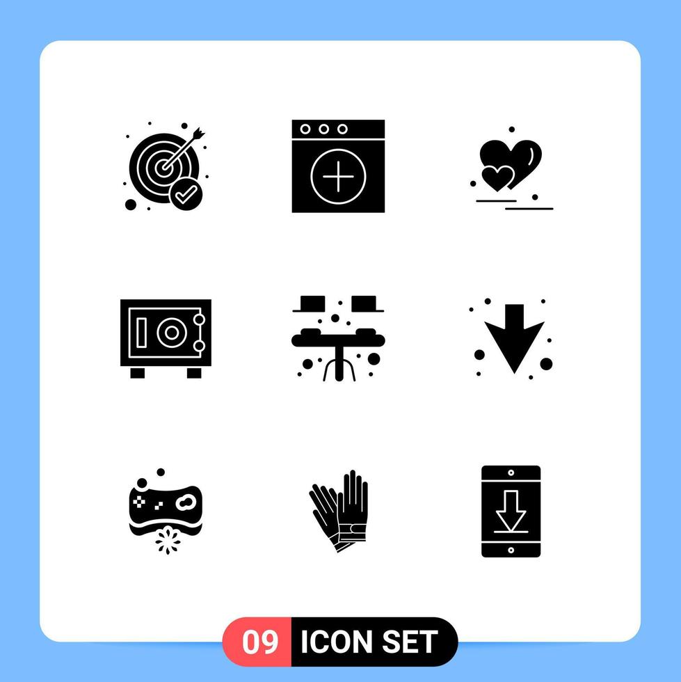 Mobile Interface Solid Glyph Set of 9 Pictograms of table dining love desk money Editable Vector Design Elements