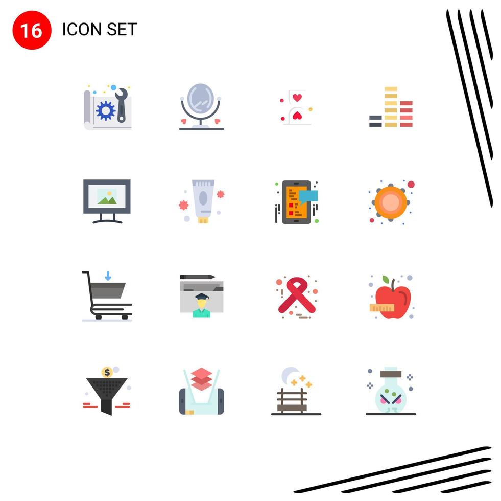 grupo universal de símbolos de iconos de 16 colores planos modernos de reproductor de corazón multimedia de pantalla que espera un paquete editable de elementos de diseño de vectores creativos