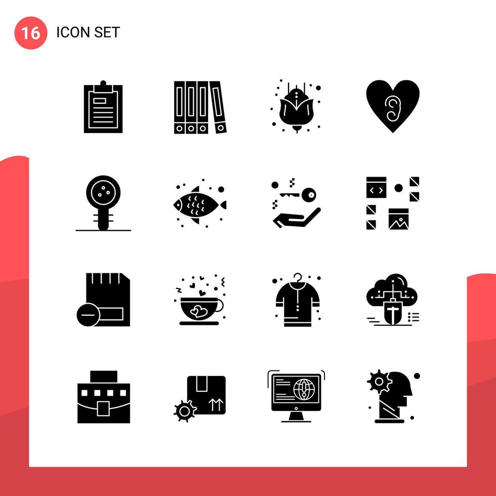 paquete de 16 iconos de glifos universales para medios impresos sobre fondo blanco vector