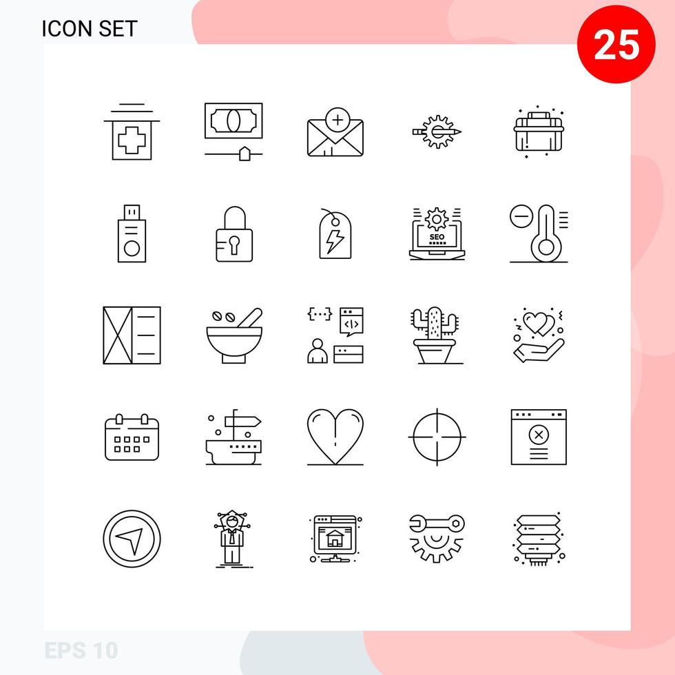 Universal Icon Symbols Group of 25 Modern Lines of plumbing mechanical mail production development Editable Vector Design Elements