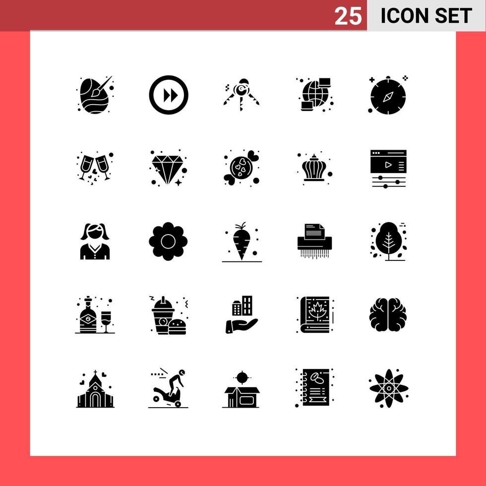 Modern Set of 25 Solid Glyphs and symbols such as direction streamline player network global Editable Vector Design Elements