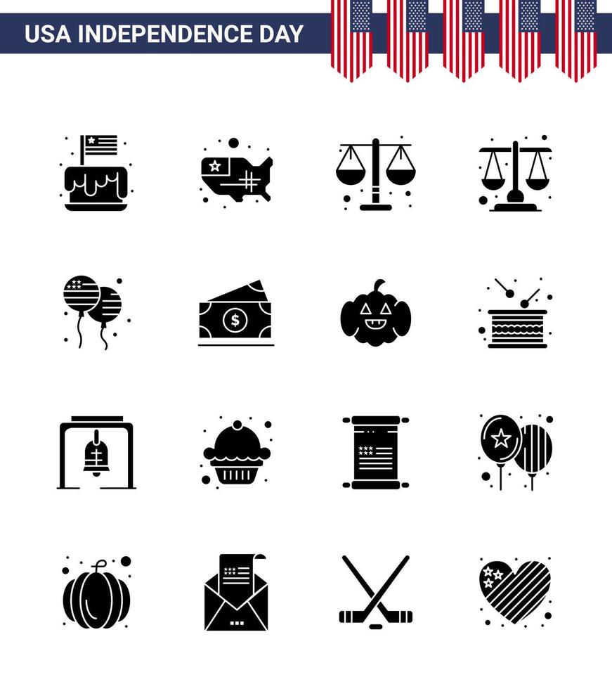 USA Independence Day Solid Glyph Set of 16 USA Pictograms of dollar fly usa bloons scale Editable USA Day Vector Design Elements
