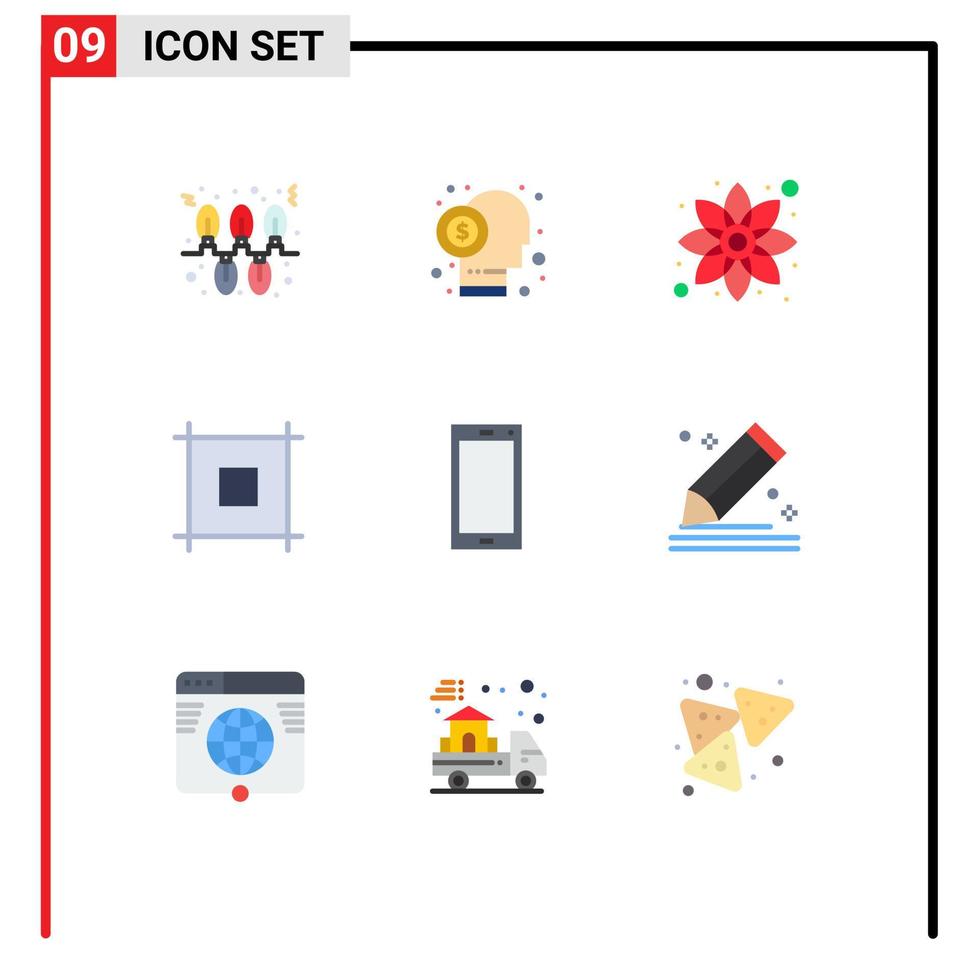 conjunto moderno de 9 colores planos pictograma de elementos de diseño de vector editable de planta de página de accionista web de teléfono inteligente