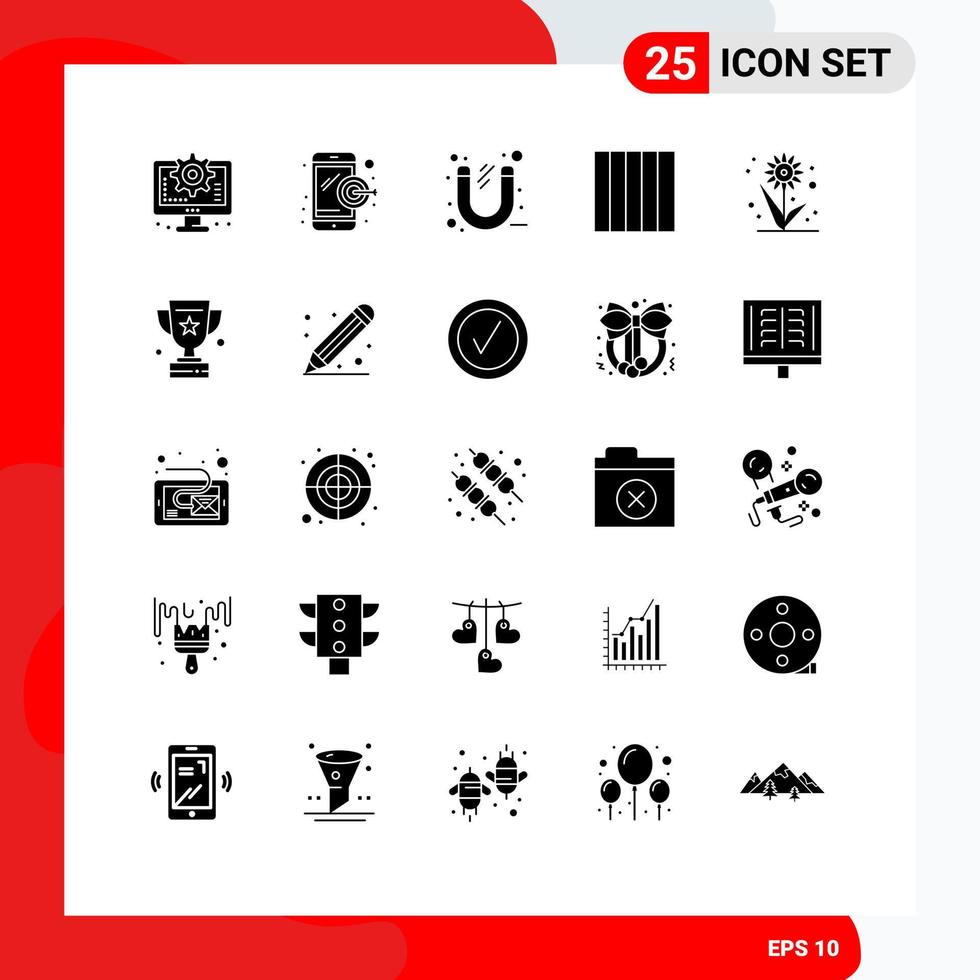 grupo de símbolos de iconos universales de 25 glifos sólidos modernos de elementos de diseño de vectores editables de rejilla agrícola de imán de flor de girasol