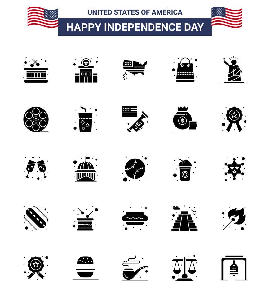 Happy Independence Day 25 Solid Glyph Icon Pack for Web and Print of landmarks map shop money Editable USA Day Vector Design Elements