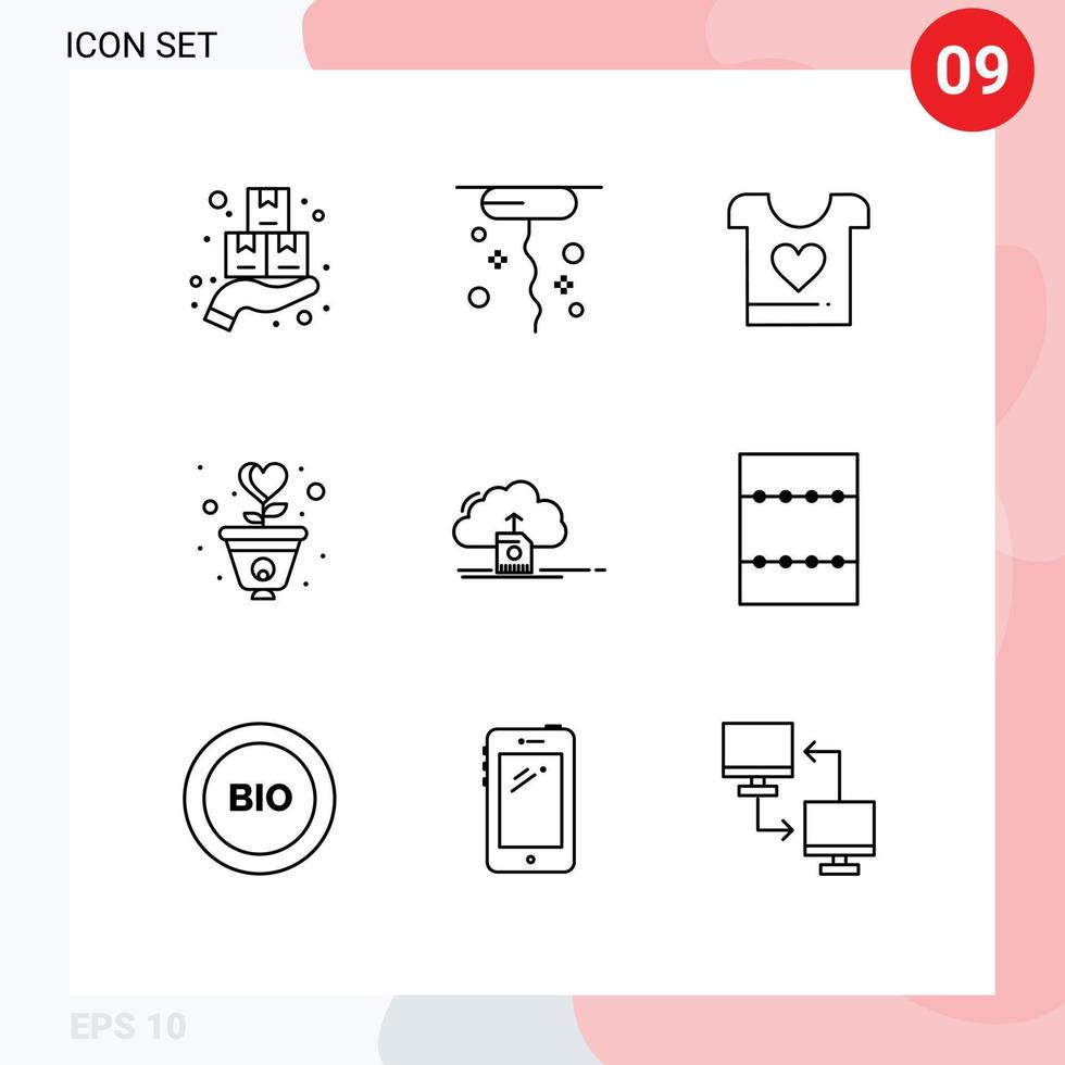 Group of 9 Outlines Signs and Symbols for cloud heart clothes growth gratitude Editable Vector Design Elements
