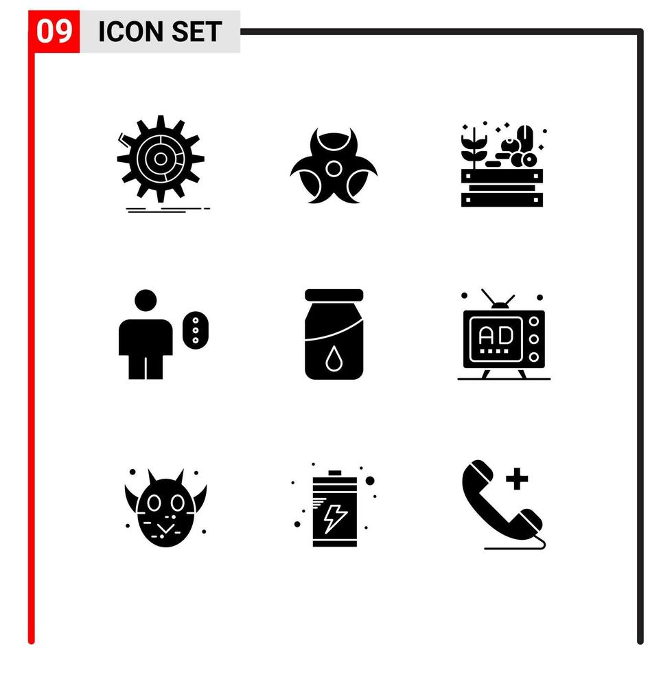 Mobile Interface Solid Glyph Set of 9 Pictograms of bottle human farm body access Editable Vector Design Elements