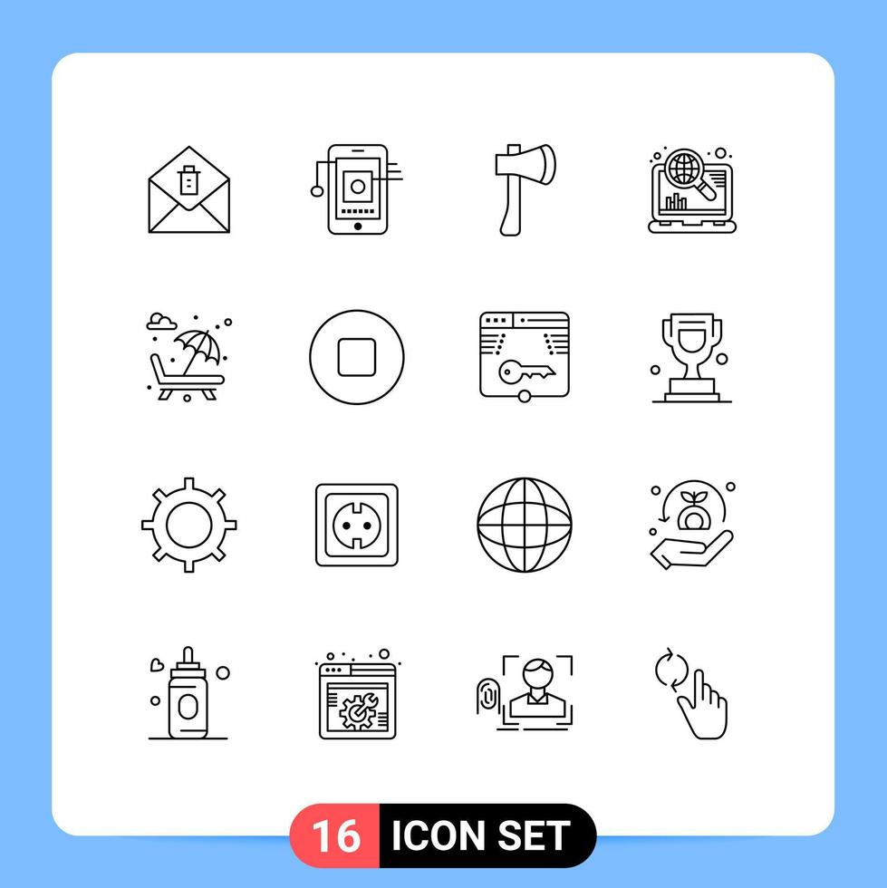 Set of 16 Modern UI Icons Symbols Signs for sun bed optimization ax tool marketing construction Editable Vector Design Elements