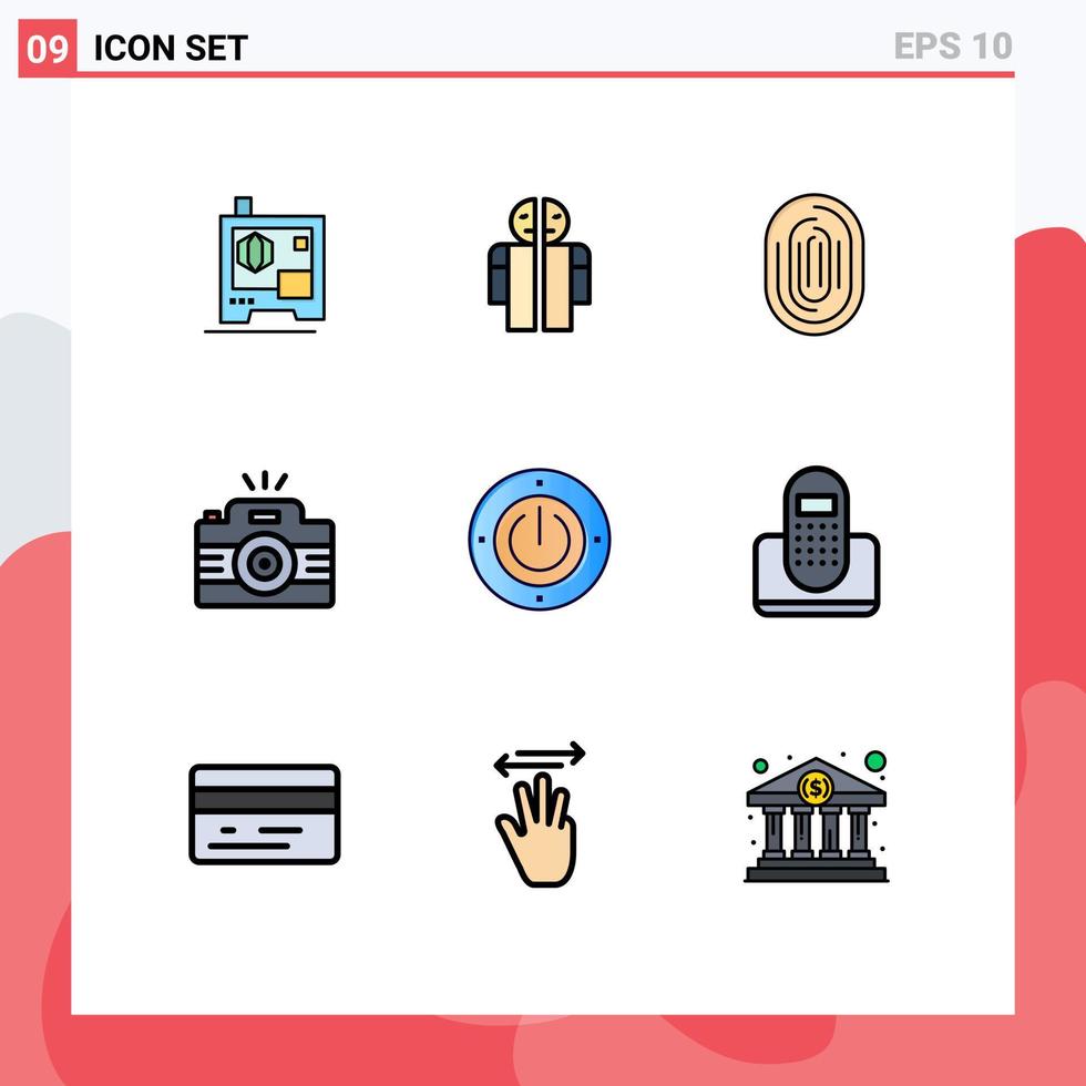 paquete de 9 signos y símbolos modernos de colores planos de línea rellena para medios de impresión web, como imágenes, fotografías, identidad, fotografía, escaneado, elementos de diseño de vectores editables